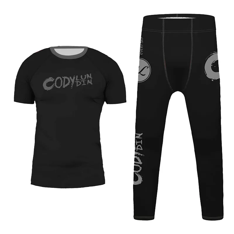 Black Kids 4-12Y 4Pcs Compression Training Outfit, Long&Short Sleeve Top Leggings Shorts, Wrestling MMA Sportswear for Boys