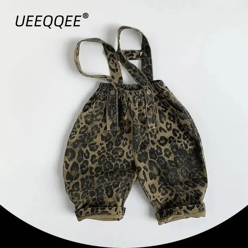 

Spring Autumn Children Overalls 1-8Y Boys Girls Cotton Leopard Bib Pants Korean Rompers Trousers Toddler Wear For Kids Clothing
