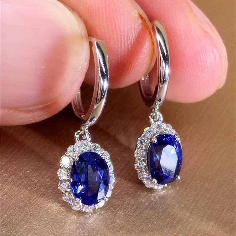 Huitan Charming Silver Color Drop Earrings for Women Sparkling Blue/Red Oval Cubic Zirconia Wedding Engagement Trendy Jewelry