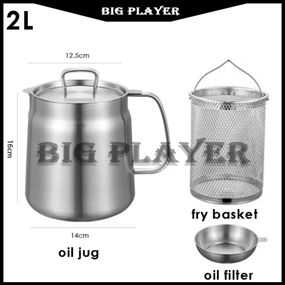 

2L Multifunction Oil Filter Deep Fryer Frying Pan Heating Pot Stainless Steel Fry Basket Jug Food Container
