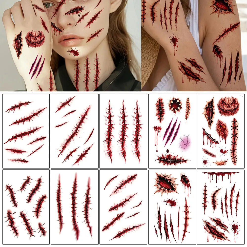 10Sheet Halloween Fake Wound Tattoo Stickers Realistic Scar Stitch Temporary Tattoos for Cosplay Zombie Party Decor