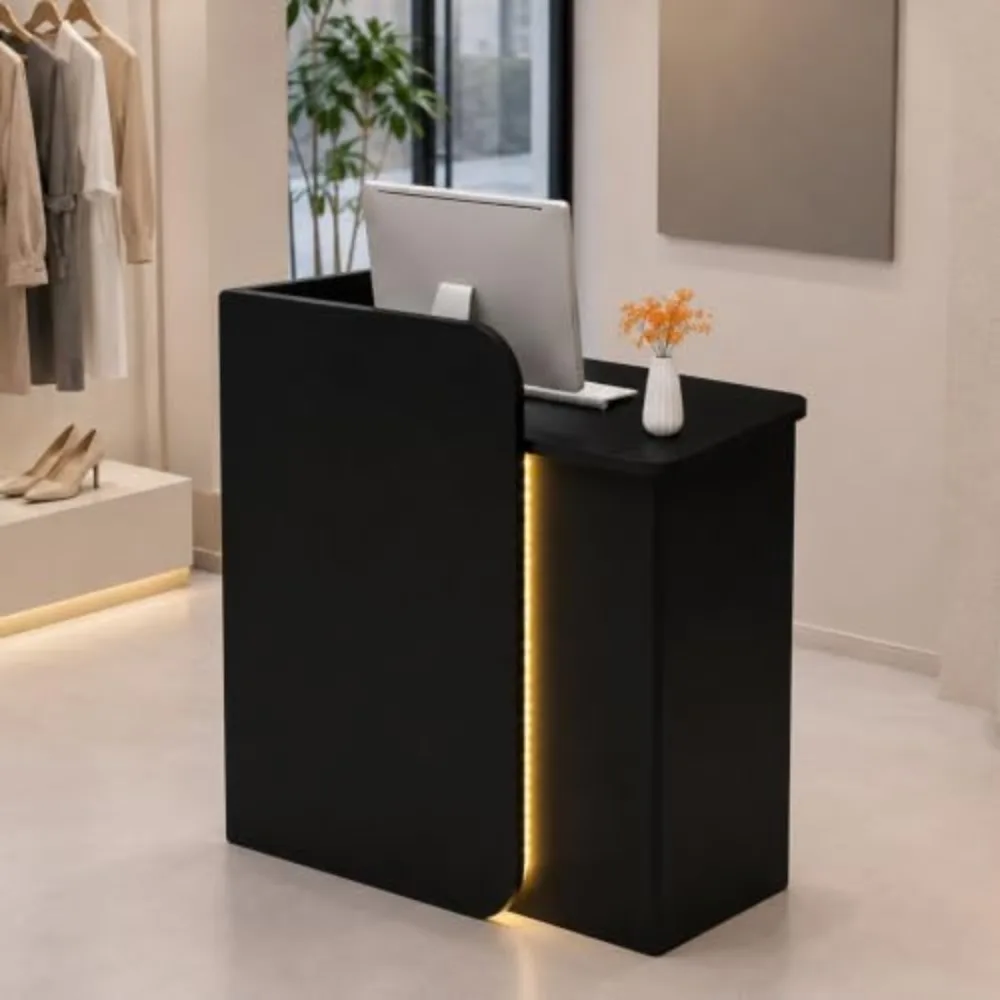 Black Reception Desk with Curved Privacy Panel & LED Light Strip
