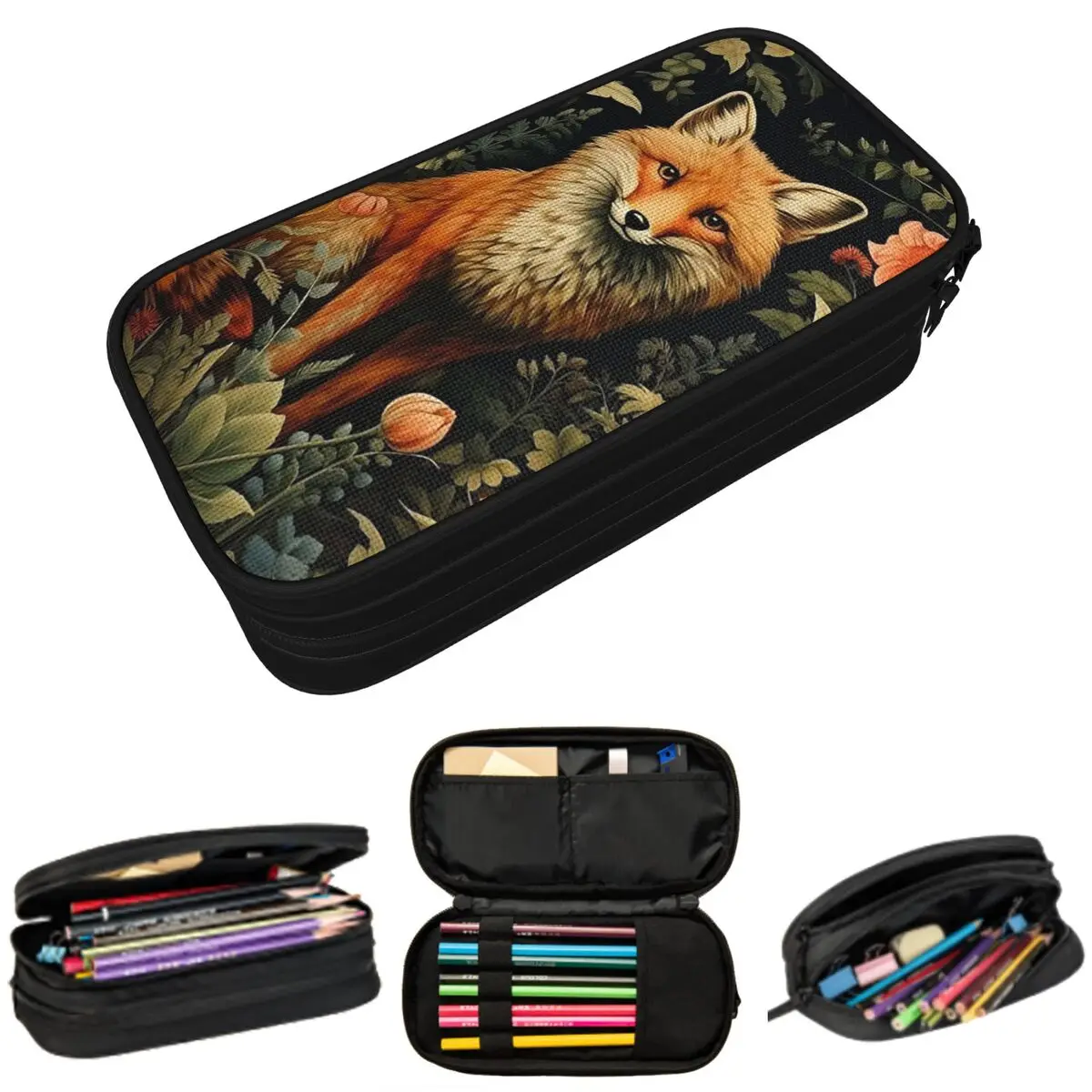 Fox In The Meadow Surround Vibrant Floral Pencil Case for Kids Gifts Pen Box Pencil Bag Stationery Supplies Pen Holder Bag