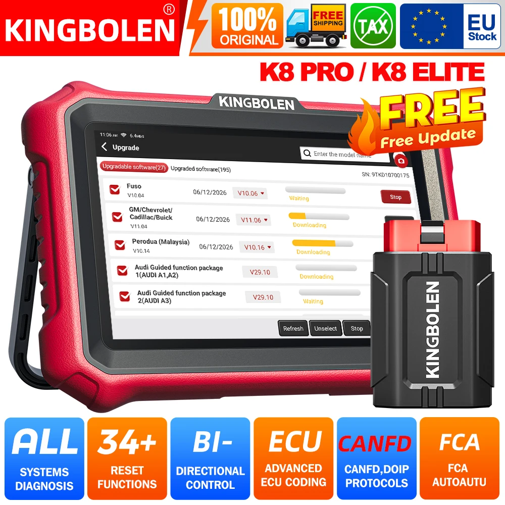 Nouveauté 2026 KINGBOLEN K8 PRO / K8 ELITE Outils de diagnostic automobile Scanner OBD OBD2 pour tous systèmes 34+ Fonctions de réinitialisation ECU Codage Mises à jour gratuites