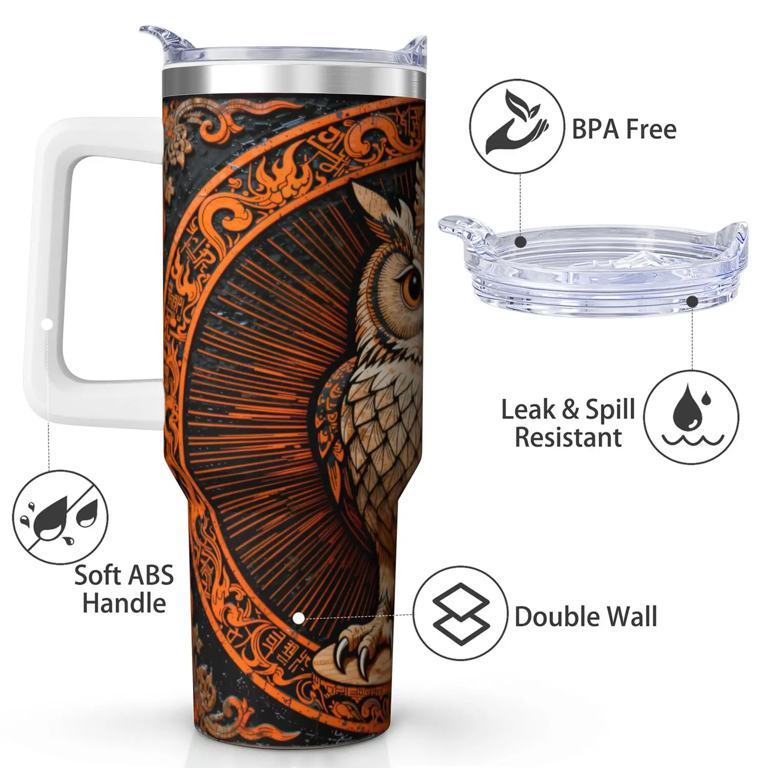 Owl Handle Cup Set with Straw, Maximum Capacity 40oz, Inner Layer 304 Stainless Steel, Outer Layer 201 Stainless Steel, Seamless Inner Liner, Lid Made of PC Material, Suitable for Home, Office, Outdoor, Sports, and Car Use