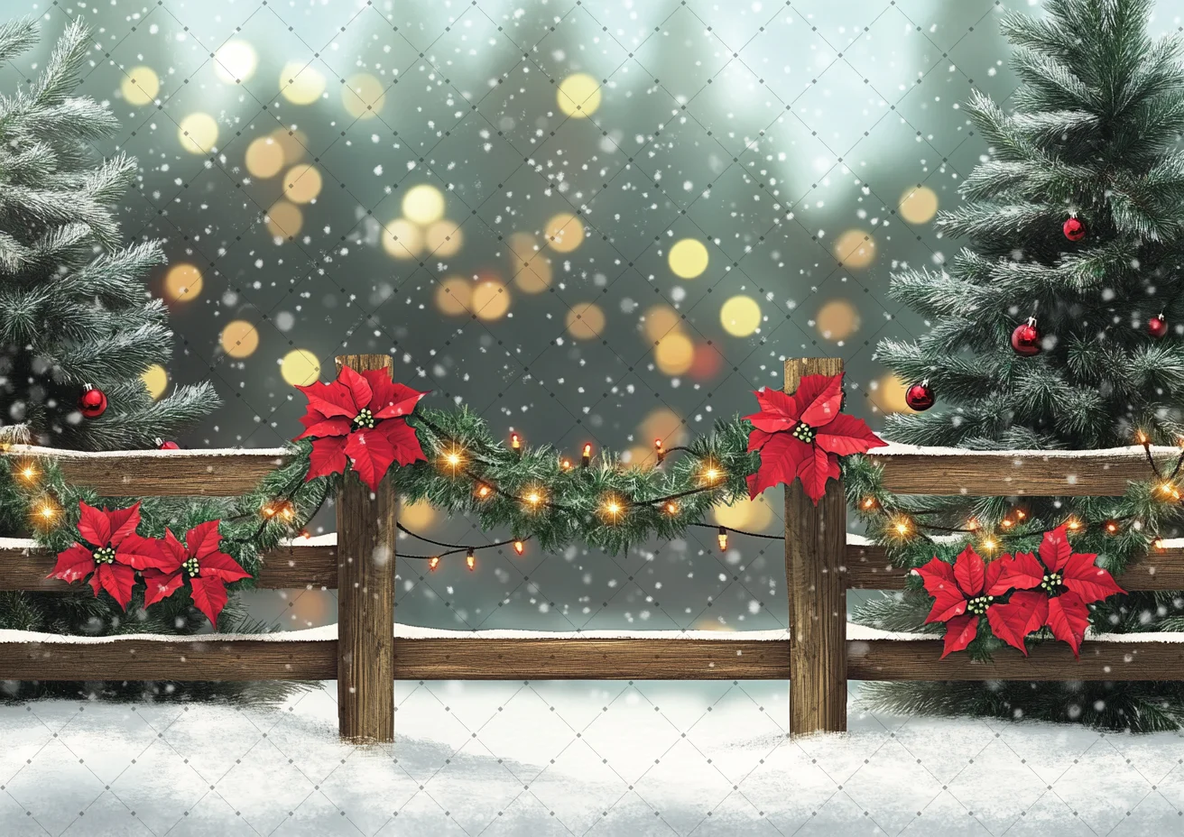 Xmas Snow Forest Photo Cloth Wood Fence Poinsettia Tree Glow Lights Snowflake Baby Family Holiday Studio Portrait Backdrop Decor