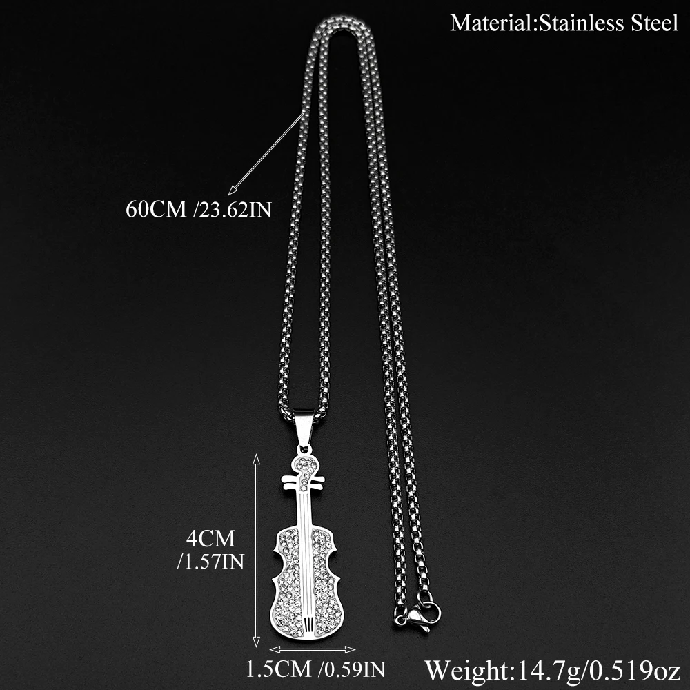 Vollständig mit Strass Besetzte Geigen-Anhänger-Halskette für Damen und Herren, Edelstahl in Goldfarbe, Klassische Musikliebhaber-Modekette, Schmuckgeschenk – Detail 3