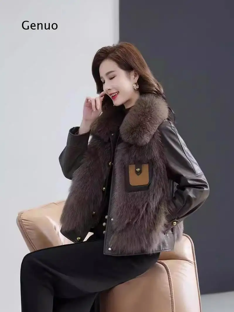 Women Faux Fur Patchwork Coat Short Sleeve Winter Warm Overcoat Casual Streetwear Outerwear for Daily Wear