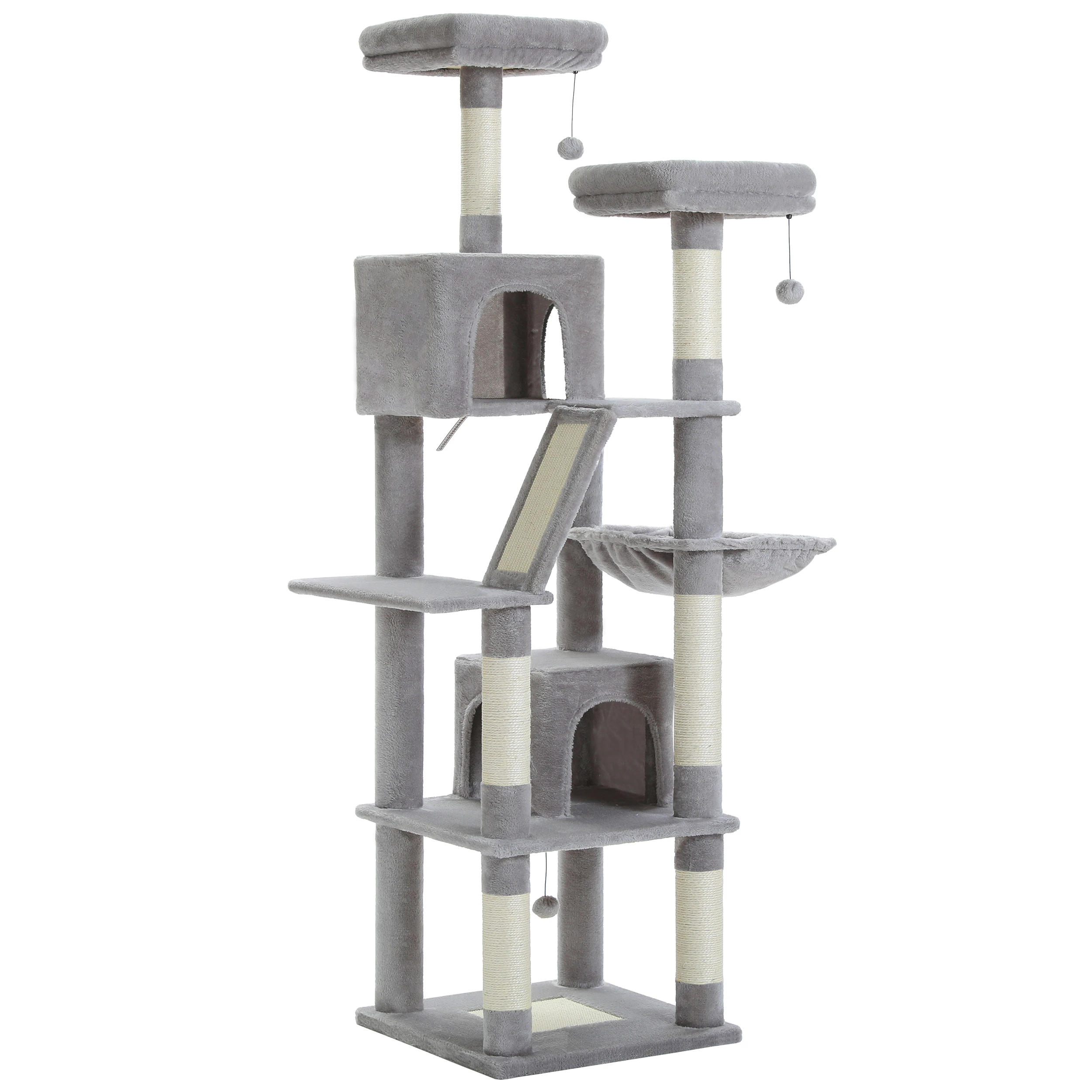 Deluxe 180cm Multi-Level Cat Tree with Plush Condo 6 Scratching Posts 2 Boards Perches Caves Hammock Pompoms for Active Felines