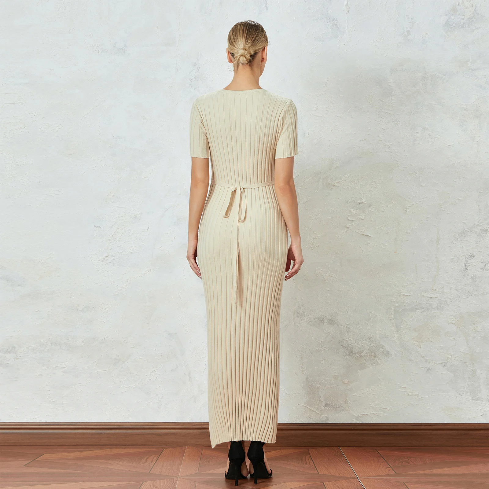 Women Fashion Long Dress Solid Color Round Neck Short Sleeve Dress Summer Tie-Up Party Rib Knit Dress