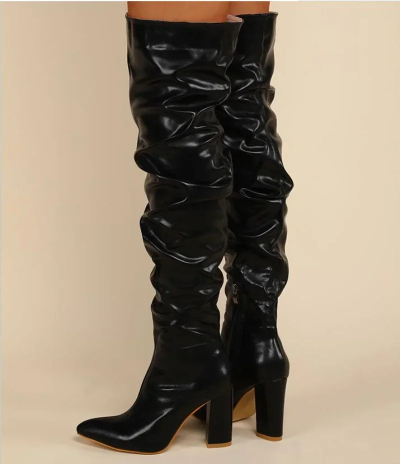 Autumn Winter 2024 New Fashion Over-The-Knee Women Boots Genuine Leather Pleated Sexy Thigh High Tall Heel Shoes Woman Size 42