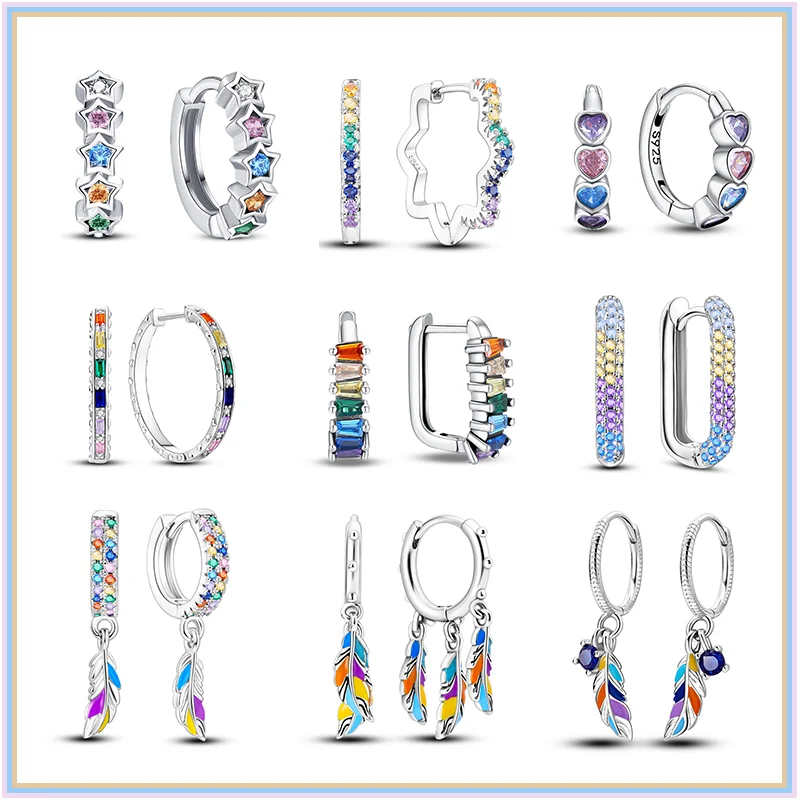 

925 Sterling Silver Fashion Colorful Earrings for Women Cubic Zirconia Double Hoop Earrings Exquisite Engagement Jewelry