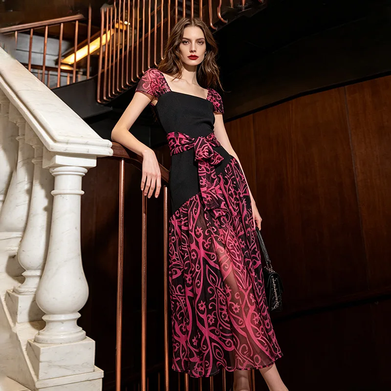 New Design Color Blocking Slimming Spliced Printing Dress Square Neck Short Sleeves Long Dress Retro And Elegant Style Female