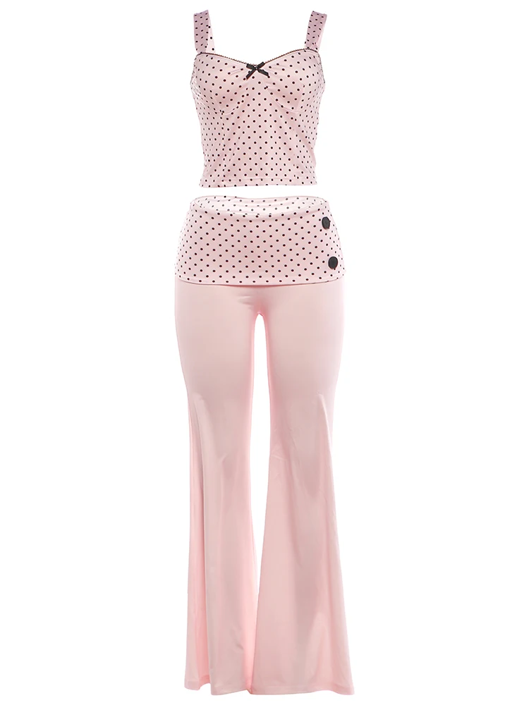 Weird Puss Polka Dot Patchwork 2-teiliges Set für Damen, Schleife, tief ausgeschnittenes, rückenfreies Crop-Top + lange Hose mit Knopfverzierung, eleganter Stil – Detail 2