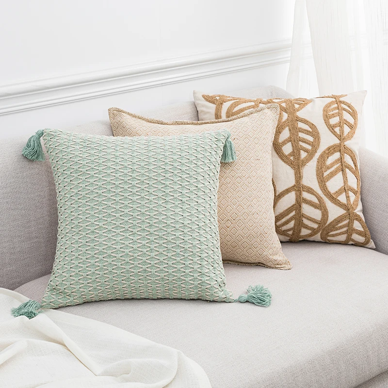 Home Décor Cushion Cover Aesthetic Throw Pillow Cover Linen Embroidery Leaves Beige Green Solid for Living Room Bed Room 45x45cm