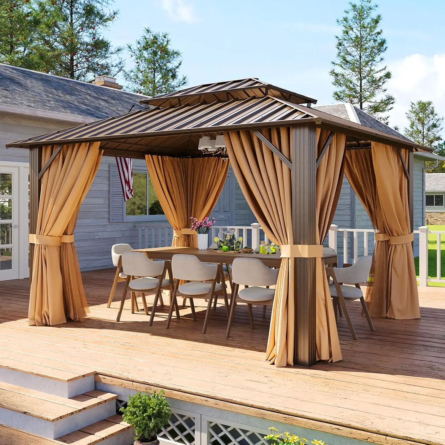

10x12 Gazebo Outdoor Hardtop Gazebo with Double Galvanized Steel Roof Metal Frame Pavilion with Breathable Netting, Customized