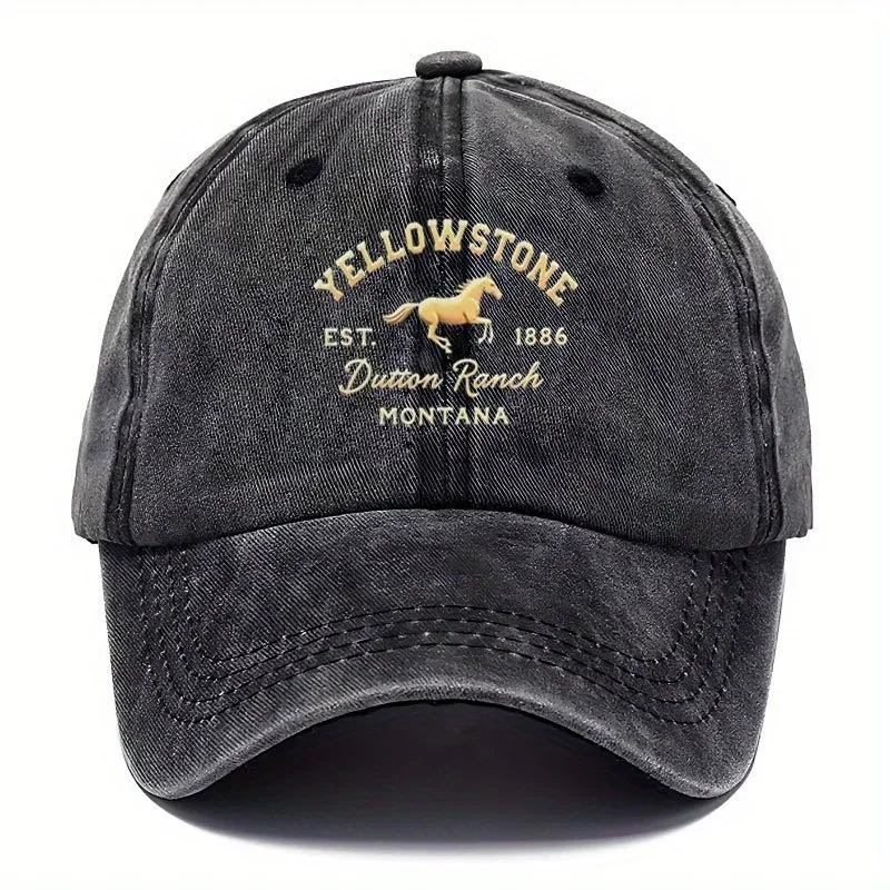 Vintage Yellowstone Cap 1pc YELLOWSTONE Vintage Baseball Cap Unisex Soft Top Hat with Distressed Washed Look, Black with Gol