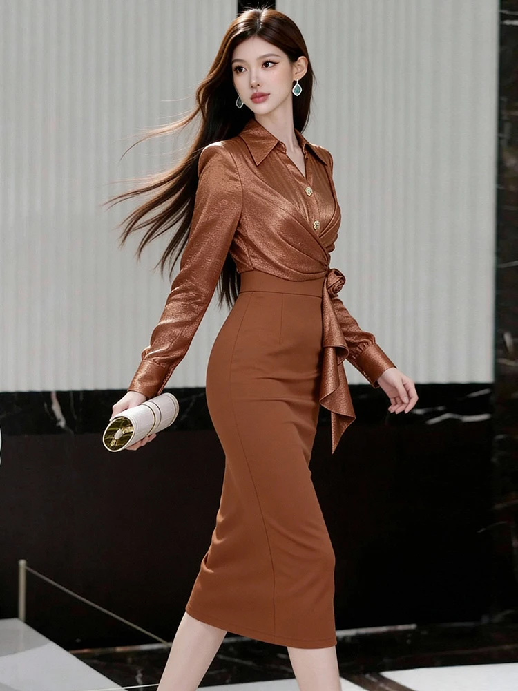 여성 레트로 출퇴근용 셔츠 칼라 긴팔 3D 플로럴 슬림 펜슬 드레스 우아한 정장 로브 여성 의류 신상 봄 가을