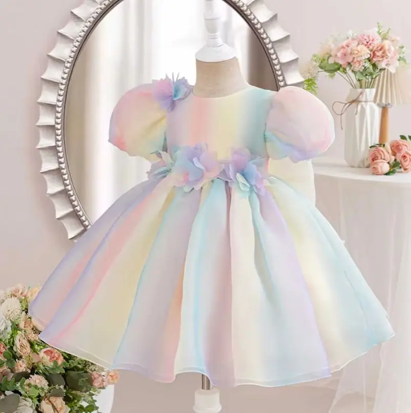 

1-6Y Girls Dress for Holiday Birthday Kids Rainbow Tulle Dresses Sweet Child Princess Ball Gown Summer Wear
