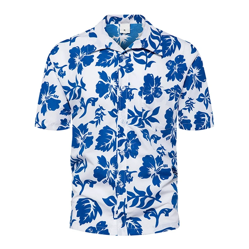 Oversized Summer Men\'s Short Sleeve Hawaiian Shirt Open Collar Single Button Plant Flower Print Fashion Beach Top Shirts Clothes