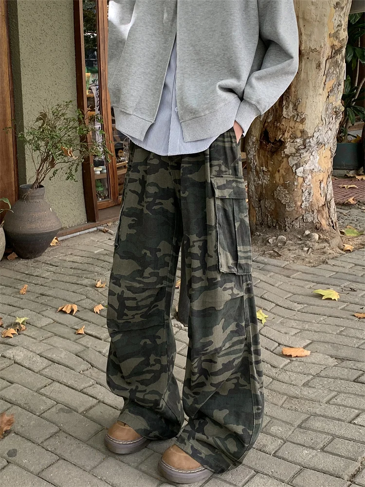 

Американские камуфляжные рабочие джинсы, мужские свободные прямые брюки с множеством карманов и складками.