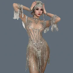 Women High-end Sparkly Rhinestone Tassel Bodysuit Party Stage Performance Sexy Bodysuit Dance Wear Latino Dance Dress Yixing