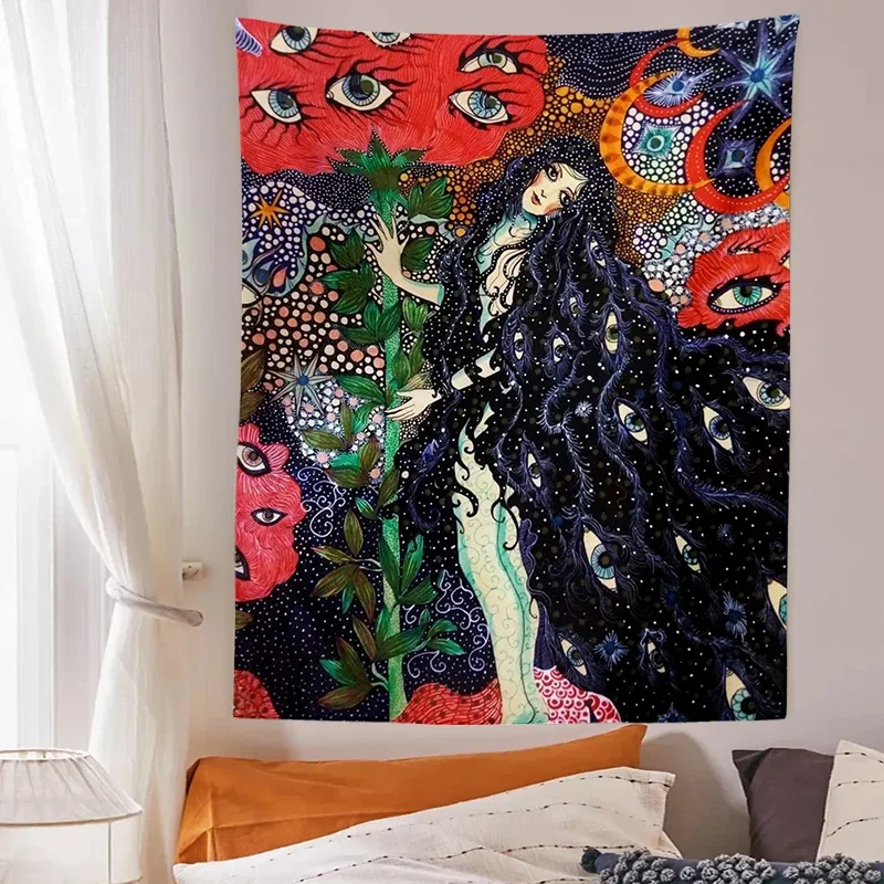 Psychedelischer Mädchen-Wandteppich, Wandbehang, botanischer himmlischer Blumen-Wandteppich, Hippie-Augen-Wandteppiche, Wohnheim-Dekoration, Sternenhimmel-Teppich