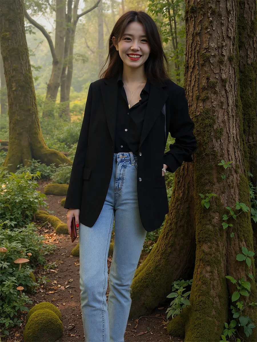 

Блейзер, женские пальто, черно-белые карманные шикарные модные топы, деловые куртки с лацканами, свободная верхняя одежда, дизайн для поездок на работу, плюс