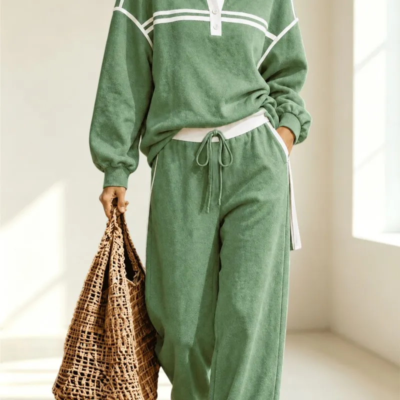 Autumn Casual Women Contrast 2 Piece Set Lapel Polo Sweatshirt Long Sleeve Tops Drawstring Wide Leg Trousers Daily Sports Outfit