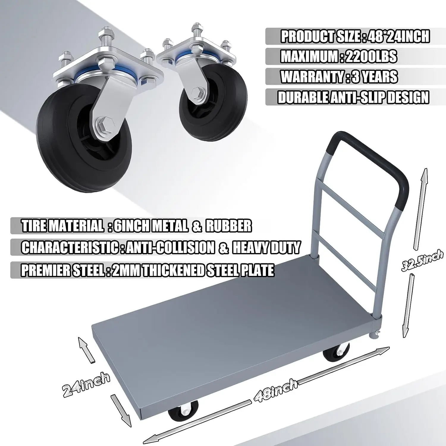 Flatbed Cart, 2200LB Foldable Platform Truck Industrial Grade Weight Capacity, 48''L*24''W Platform Cart, Steel Hand Push Dolly