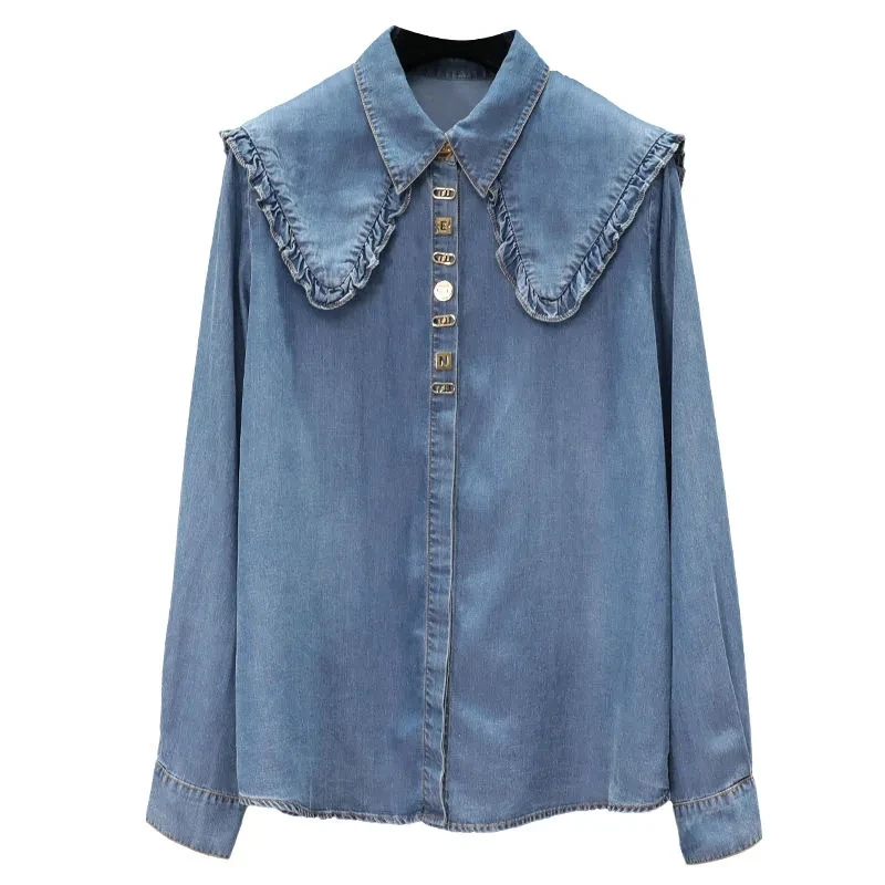 2025 New Fashion Female Denim Shirt Spring Autumn Splicing Side Of Fungus Shawl Collar Loose Tops Washed Women\'s Cowgirl Shirt