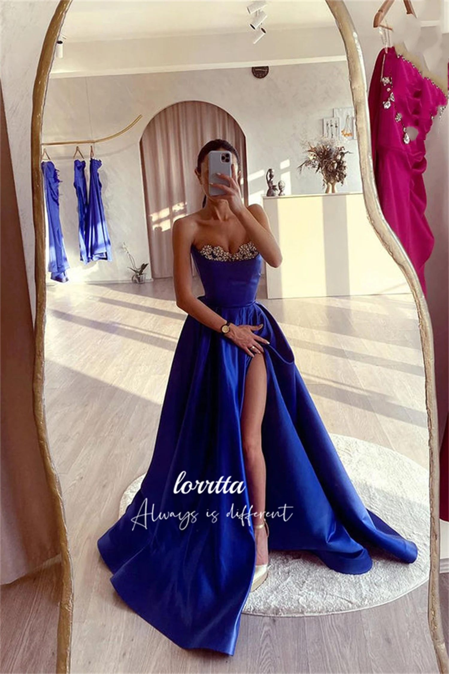 

Lorrtta Evening Dress Line A Strapless Blue Satin Glitter Decoration Long Luxury Dresses Sharon Happy 2024 Prom Gala Woman Gown