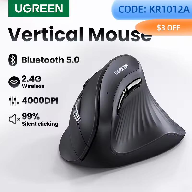 UGREEN Vertical Mouse Wireless Bluetooth5.0 2.4G Ergonomic 4000DPI 6 Mute Buttons for MacBook Tablet Laptops Computer PC Mice