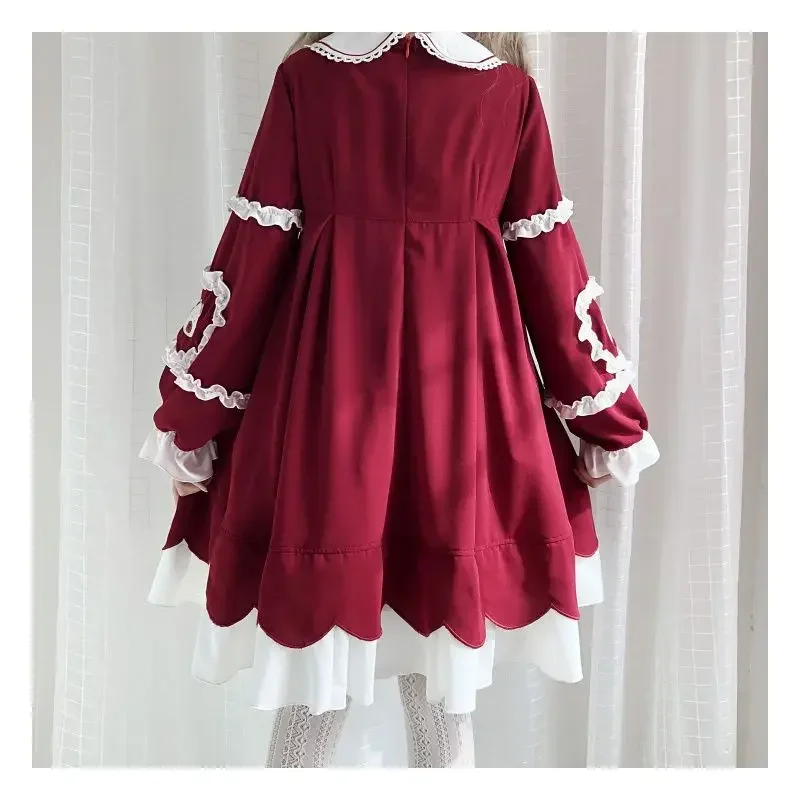 NONSAR New Year Autumn Winter Red Embroidered Bear Lolita Dress Women Sweet Cute Ruffles Bow Lantern Sleeves Daily Party Dress