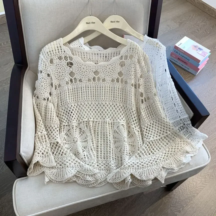 REALEFT Summer Lace Crochet Women\'s White Shirts 2024 New Hollow Out Beach Bohemian Long Sleeve Knitted Tops Female