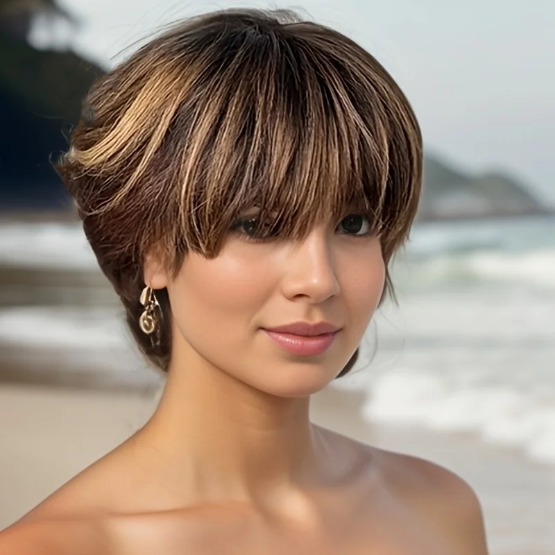 ハイライトウィッグ人毛ショートピクシーカットウィッグ人毛ウィッグ女性用フルマシンウィッグ