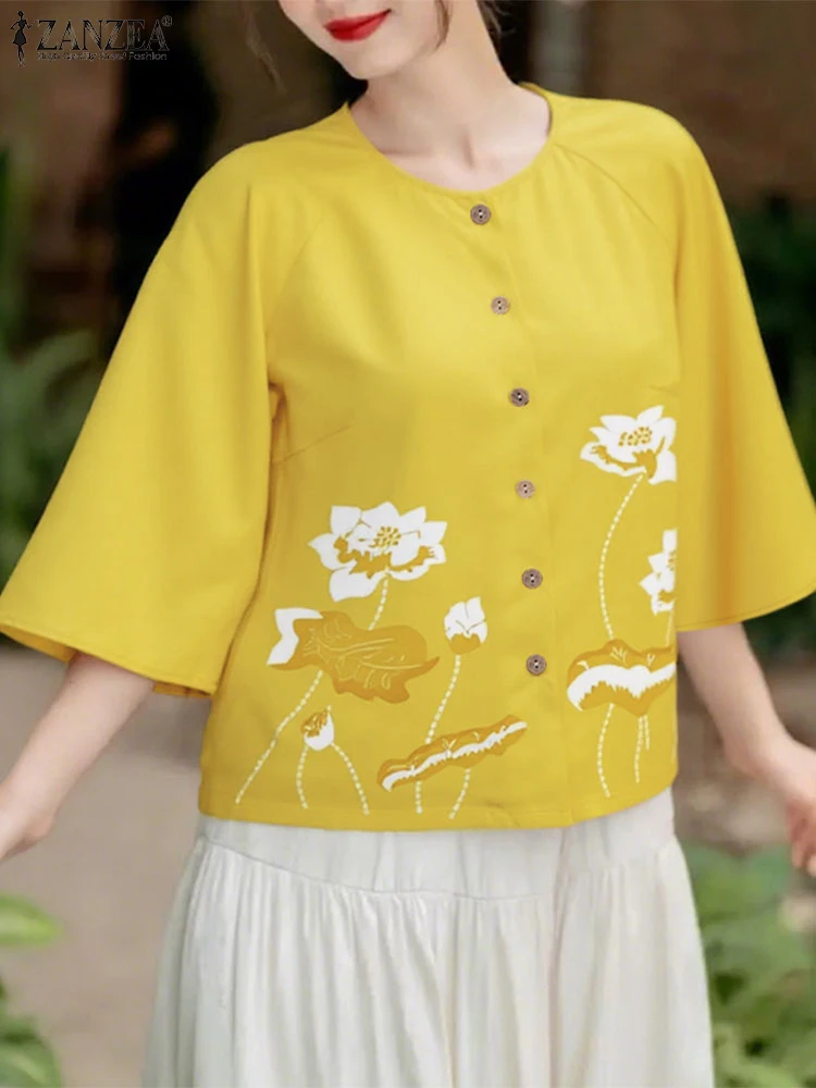 

Fashion Floral Printed Shirts Women 3/4 Sleeve Tops Summer Buttons ZANZEA Casual Loose O Neck Tunic Oversized Bohemian Blusas