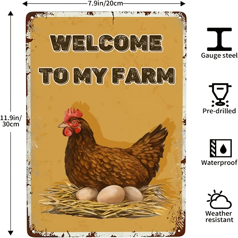 1pc Chicken Hen Welcome To My Farm Metal Sign, Vintage Metal Tin Sign, Bar Wall Decor, Fun Vintage Pattern Home Decor Tin Painti