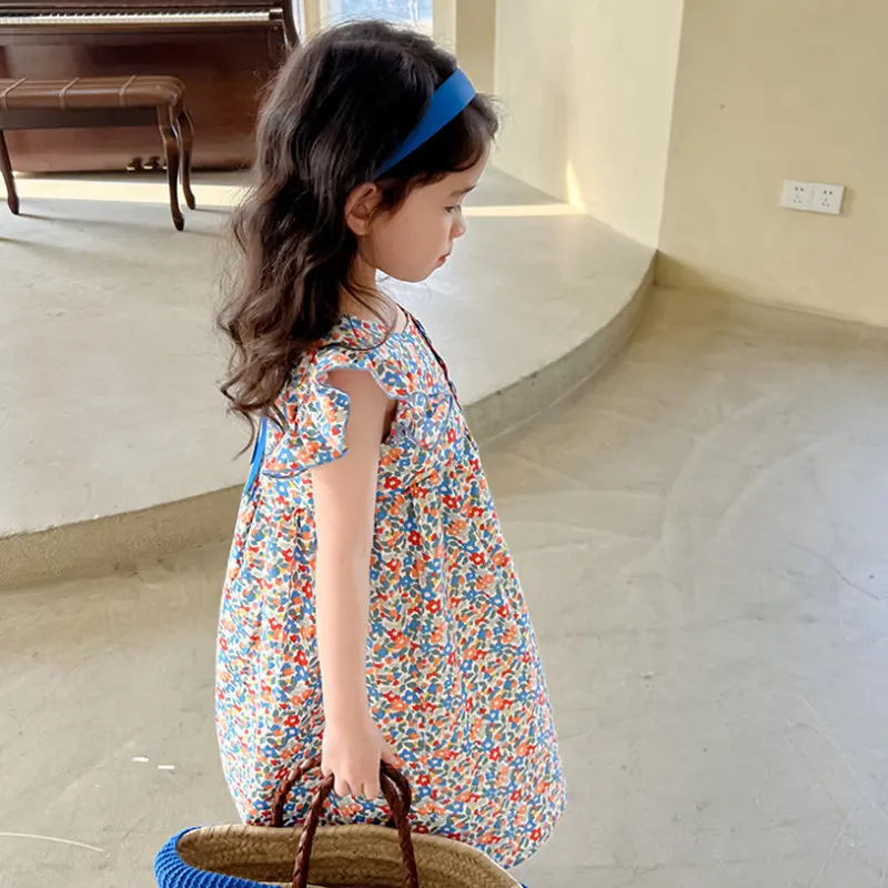 Girls Skirt 2025 Summer New Childrens Clothing Korean Style Girl Baby Single Breathe Broken Flower Fly Sleeve Dress Casual