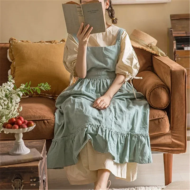 French Pastoral Retro Artsy Cotton Linen Vintage Apron Cake Kitchen Fashion Nordic Solid Color Ruffled Apron with Pockets Women