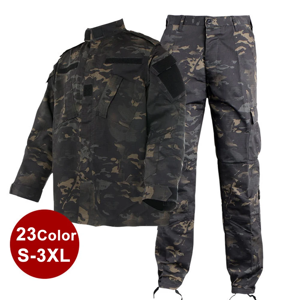 Men's Outdoor 2-Piece Collar Velcro Design Jacket + Multi-Pocket Windproof Wear-Resistant Pants Suitable Hiking Training Camping