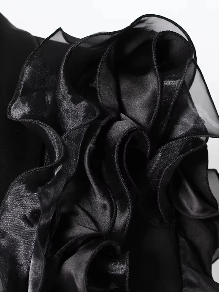 Feminino preto babados em forma elegante fino blazer nova lapela manga longa jaqueta moda maré primavera outono 2025 novos casacos e jaquetas