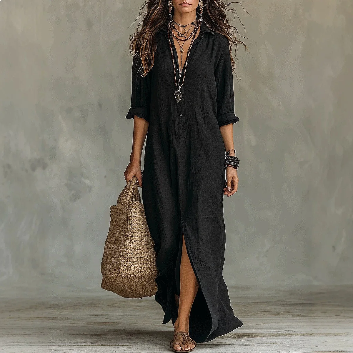 Bohemian Button Down Shirt Floor Length Maxi Dress Spring Summer Matching Set