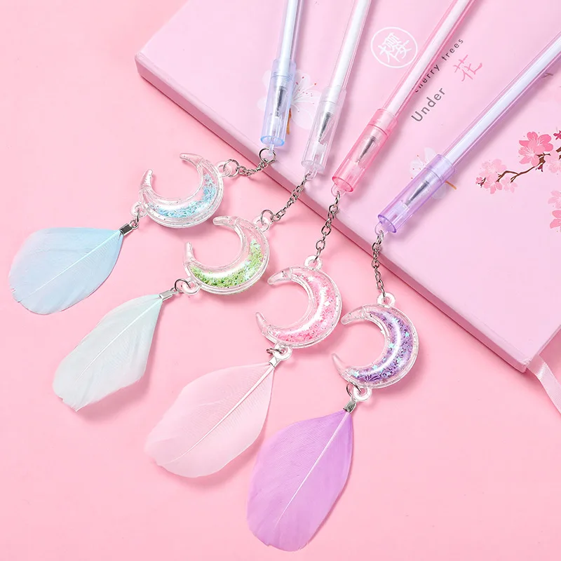 

24 Pcs Wholesale Ins Girl's Heart Feather Pendant Gel Pen Cute Creative Moon Pendant Student Kawaii School Supplies Pen Writing