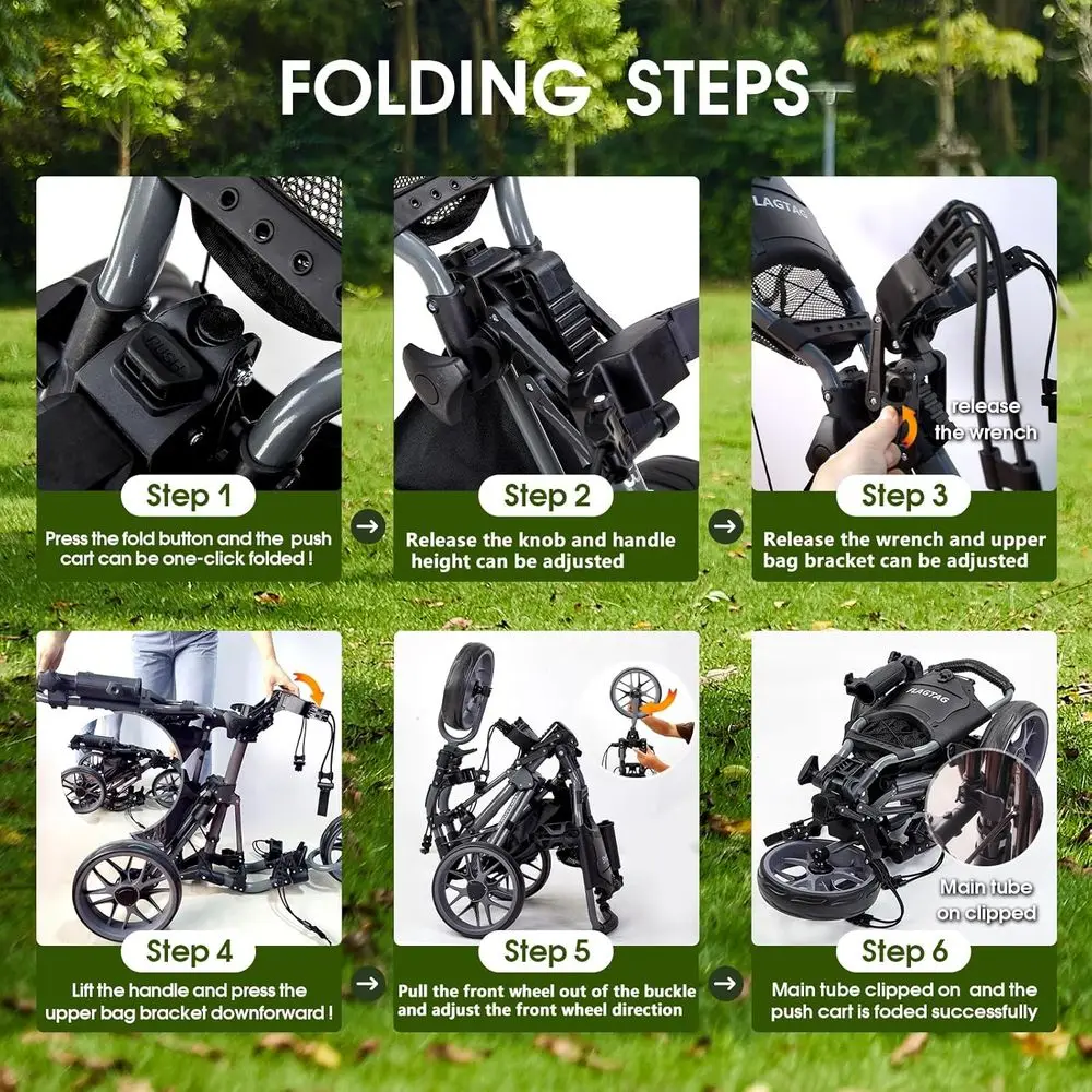 Push Cart 3 Wheel, Foldable Golf Push Cart, Golf Bag Cart with Foot Brake, Umbrella Holder, Cup Holder, Storage Compartment