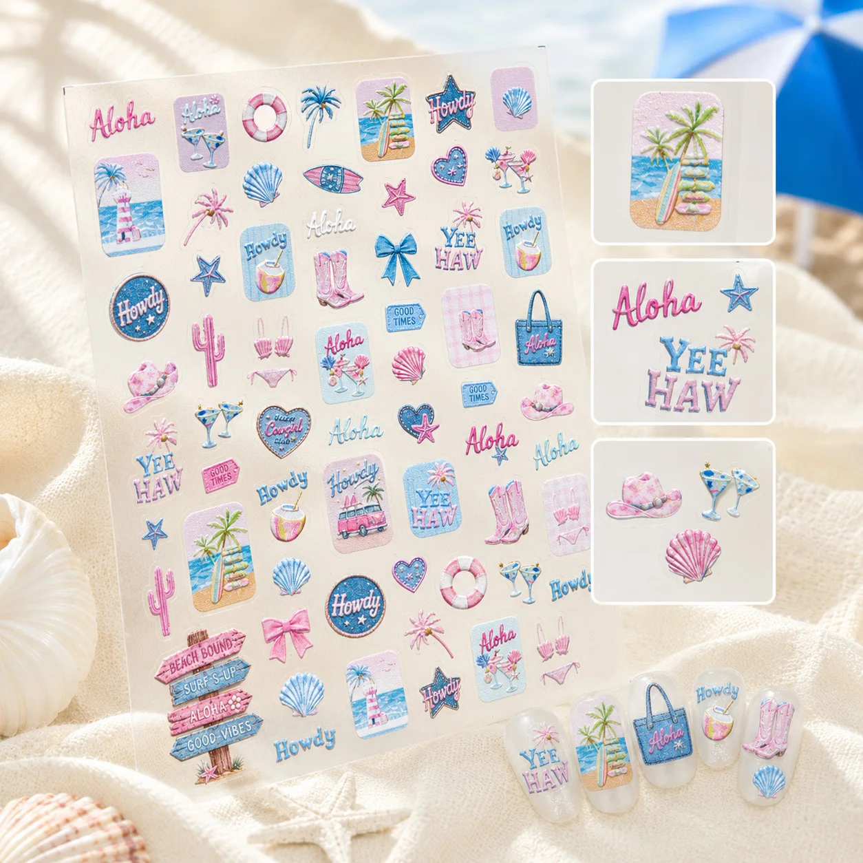 5D Cute Summer Aloha Beach Nail Stickers Cowgirl Howdy Yeehaw Palm Tree Shell Bikini Boots Heart Decal Holiday Manicure Supplies