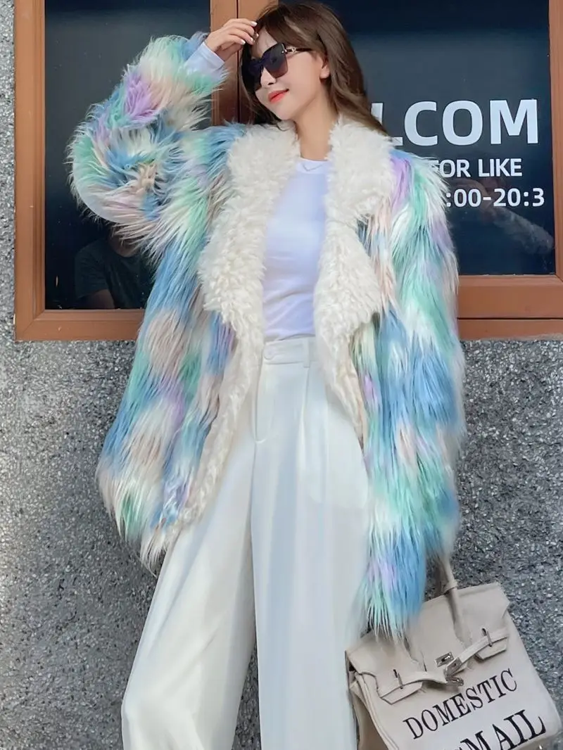 2024 Macaron Fashion Female Faux Fur Coat Lapel Colorful Lady Shaggy Outerwear Women\'s Winter Coats Promotion