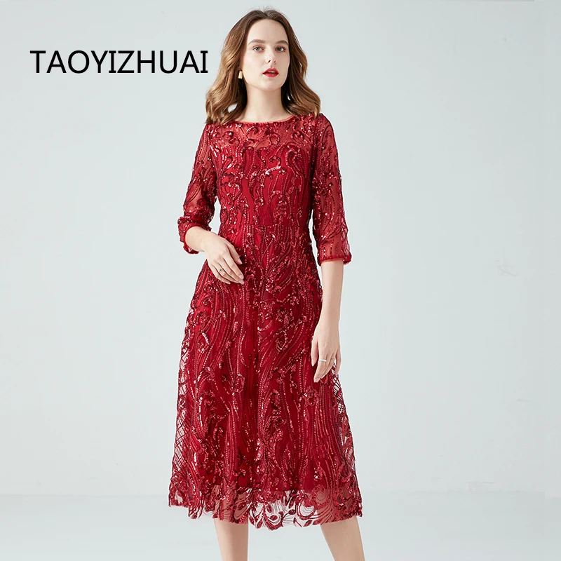 Women's Lace Dress Sequin Evening Dresses Spring and Autumn New Wedding Banquet Broad Wife Fat Plus Size Long Dress Long Red