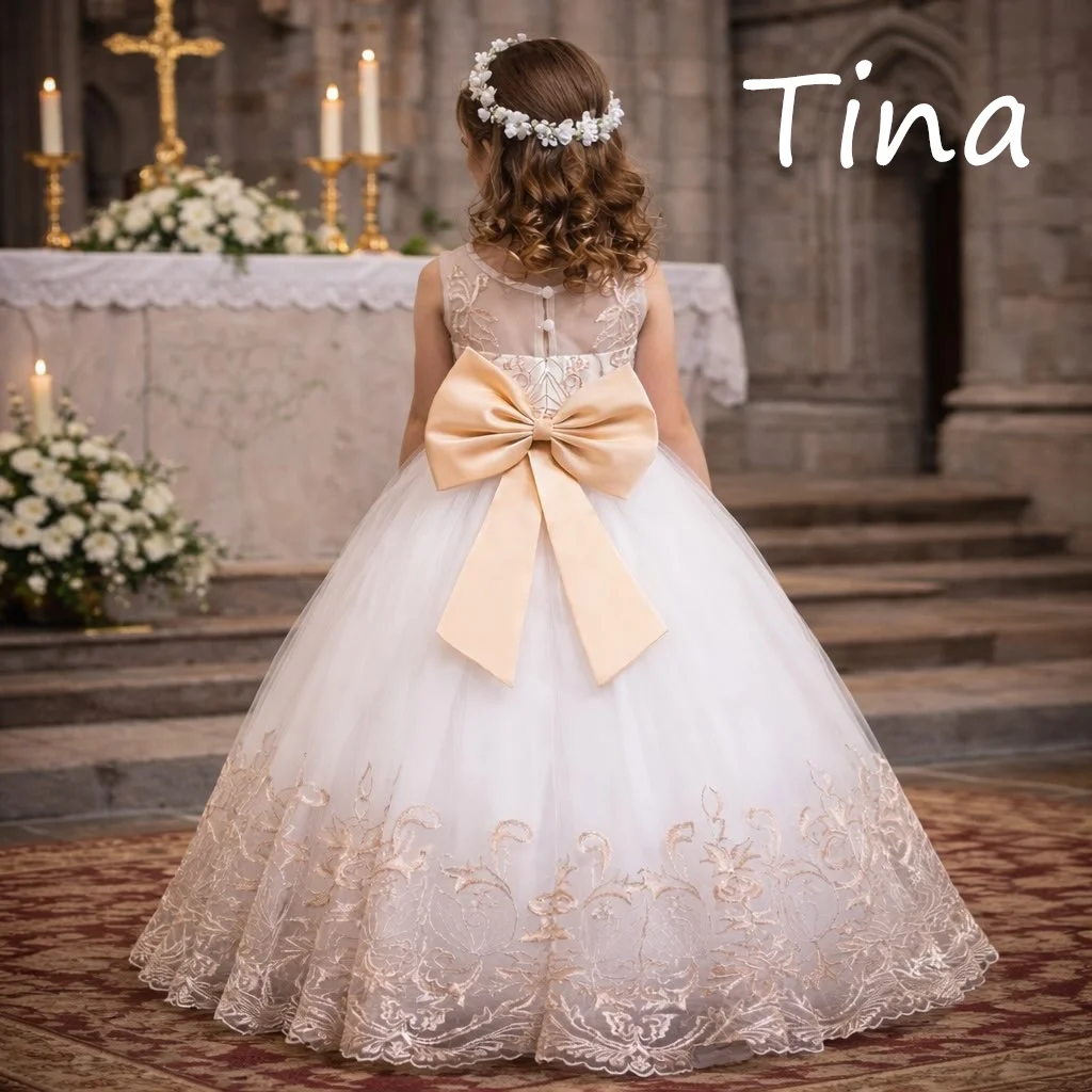 Princess Flower Girl Dress for Wedding Sleeveless with Bows Lace Applique Infant Baptism Gowns First Communion Gowns Custom