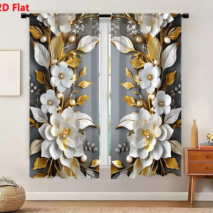2Pcs Curtains Add 2D Flat Ornate Gold And White Floral Frame With Pearls For Invitation Design Window Drapes for Bedroom Room De